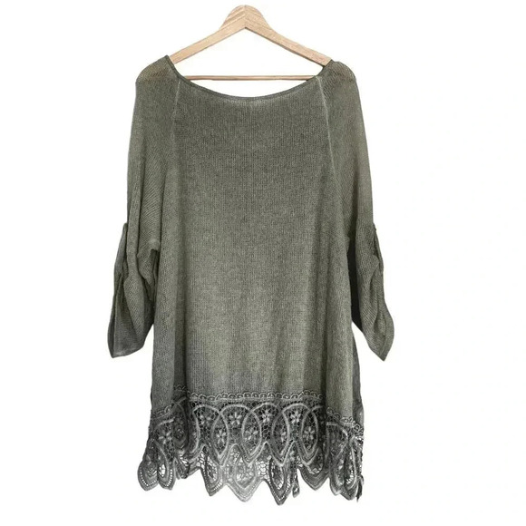 Belle France Boho Lagenlook Sage Embellished Lace Tunic Knit Chiffon Top Size L - Picture 7 of 10